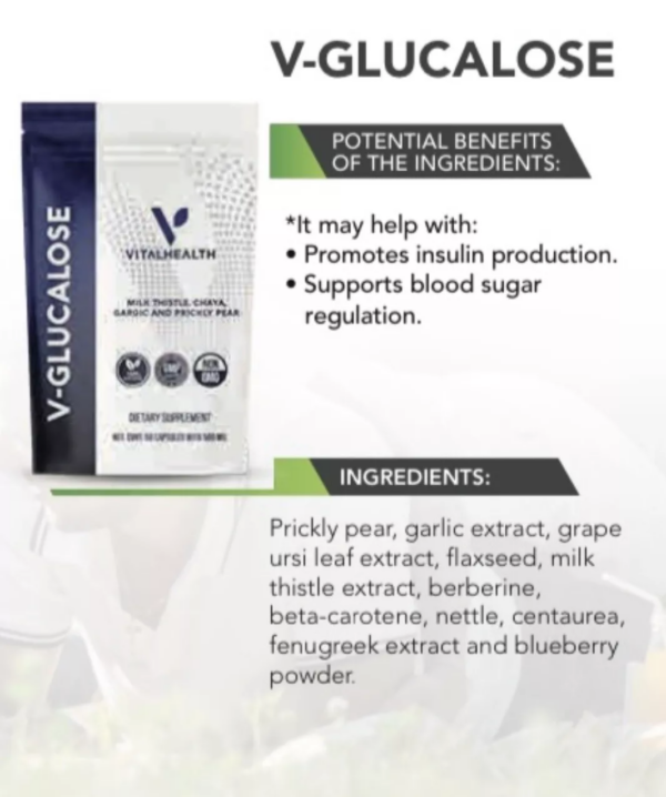 V-GLUCALOSE- CHAYA, PRICKLY PEAR AND FLAXSEED - Regulation Blood GLUCOSE 60 caps - Image 2